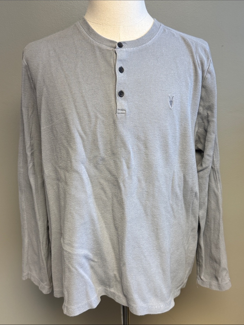AllSaints Men's Gray Organic Cotton Long Sleeve Henley Shirt XXL Ramskull